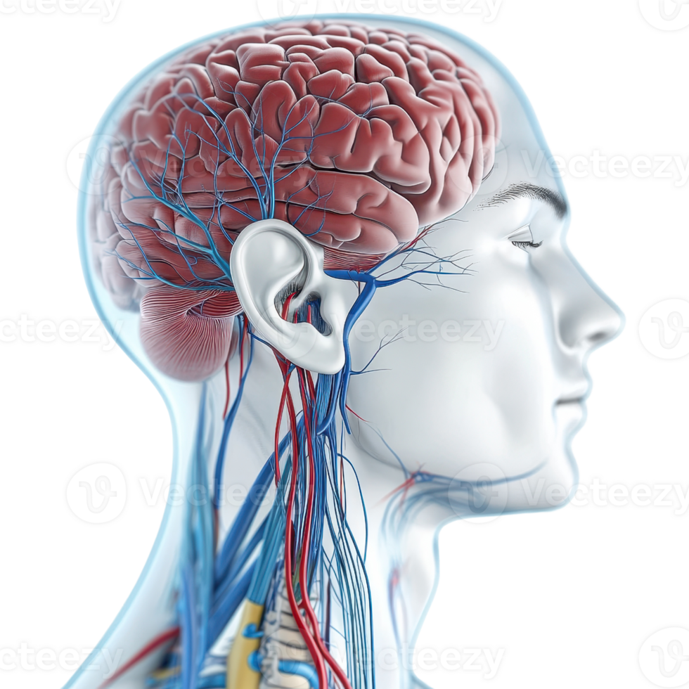 Detailed anatomical view of human brain and nervous system in profile form. png
