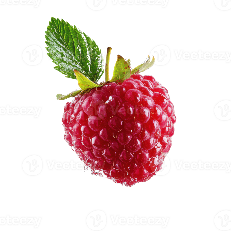 Fresh, ripe raspberry with green leaves, showcasing juicy texture and vibrant color. png