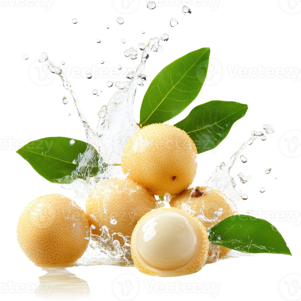 Fresh and juicy longan fruits splashing through water with vibrant green leaves. png