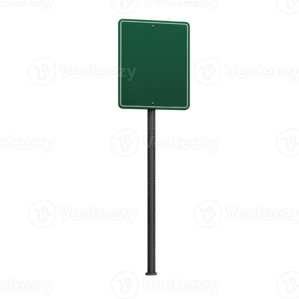 Plain green road sign on a black post, suitable for custom messages or directions. png