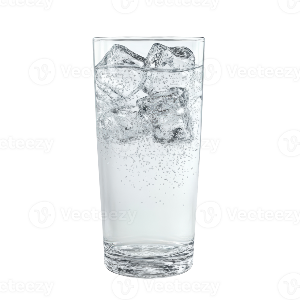 Refreshing glass of sparkling drink with ice cubes, ideal for thirst quenching. png