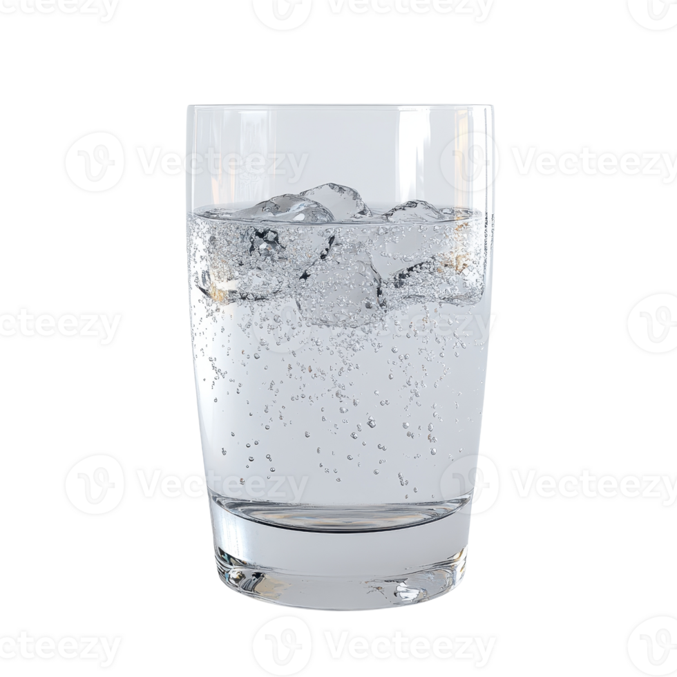 Refreshing glass of sparkling water with ice cubes for a cooling beverage experience. png