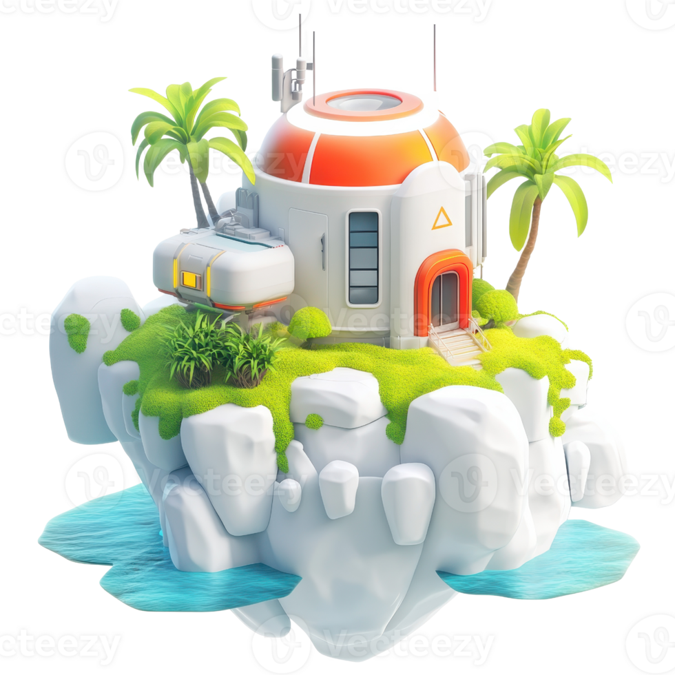 Futuristic floating station surrounded by palm trees on a rocky island. png