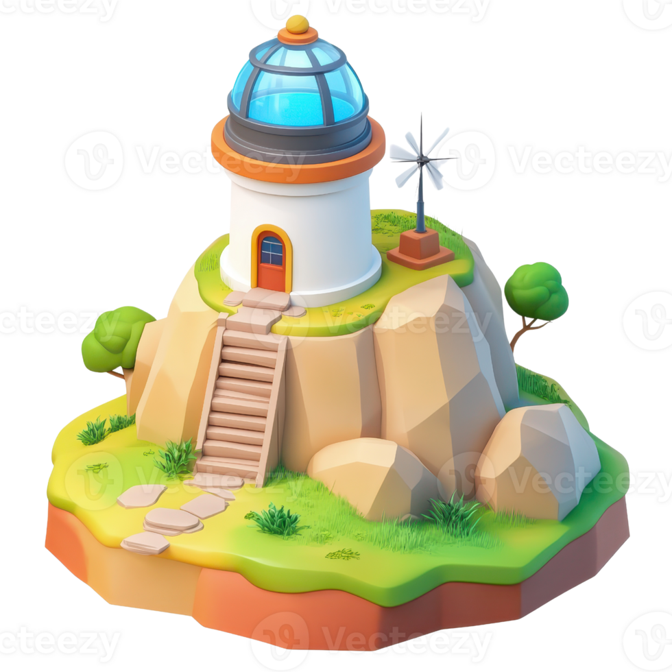 Illustration of a colorful lighthouse on a rocky hilltop surrounded by green grass. png