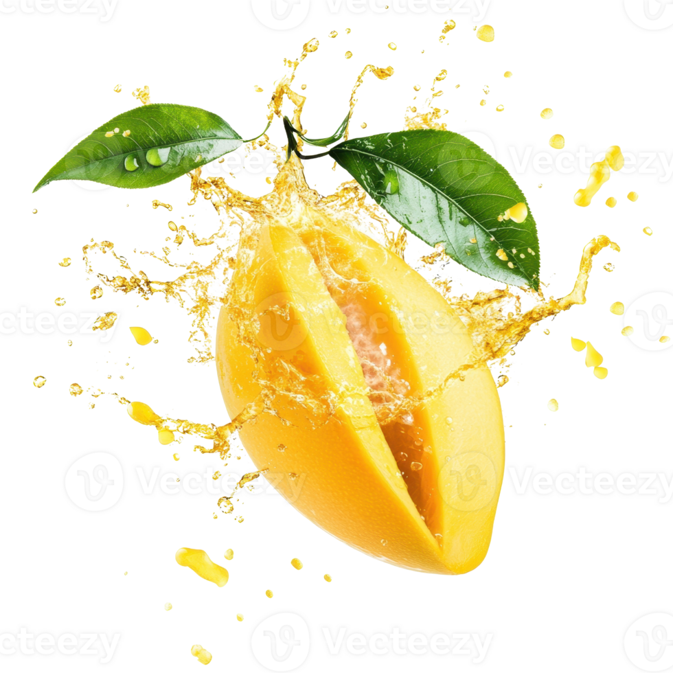 Juicy mango splashing in refreshing citrus juice with vibrant green leaves. png