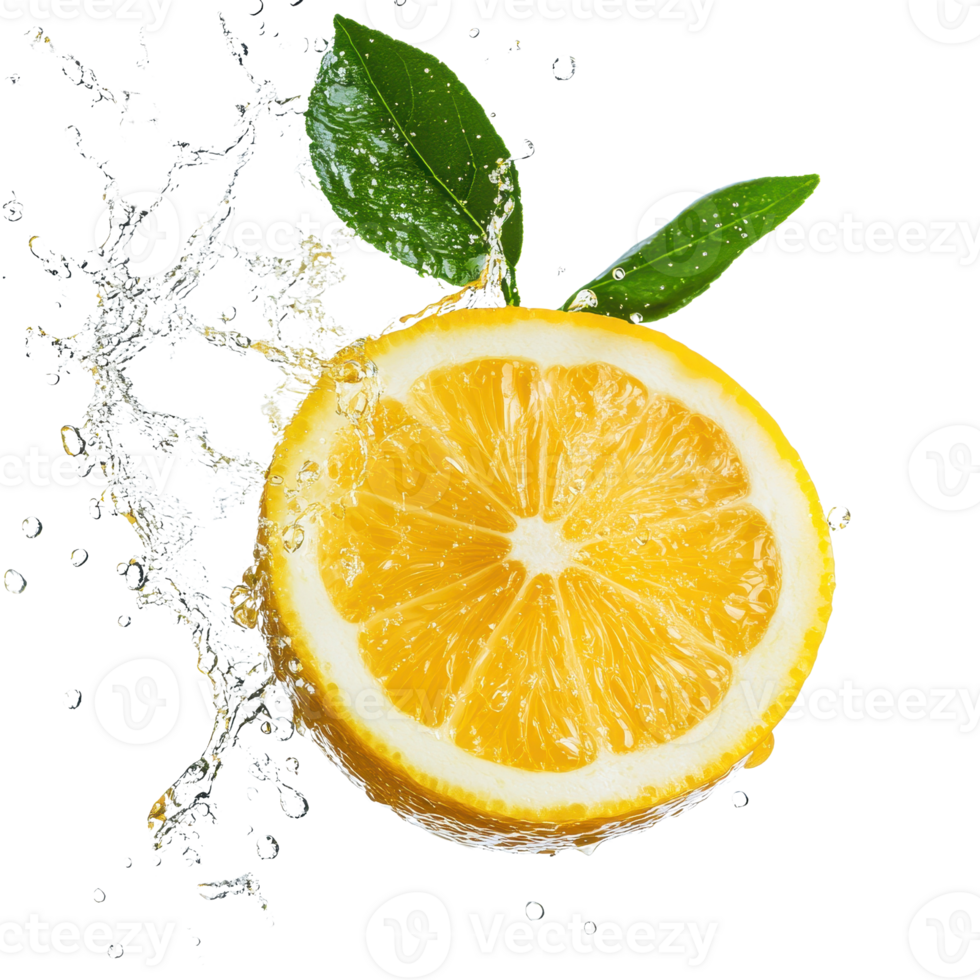 Fresh lemon slice splashing in sparkling water with green leaves. png