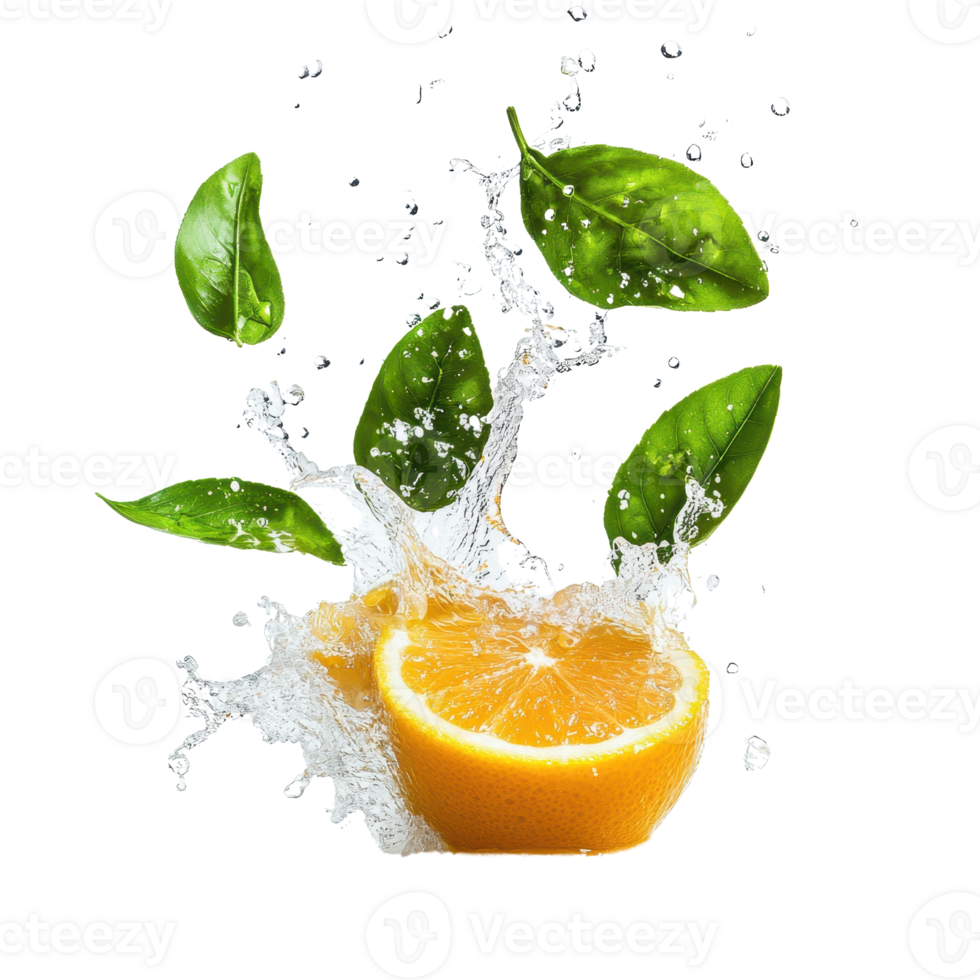 Fresh lemon slice with splashing water and vibrant green leaves, refreshing and juicy. png