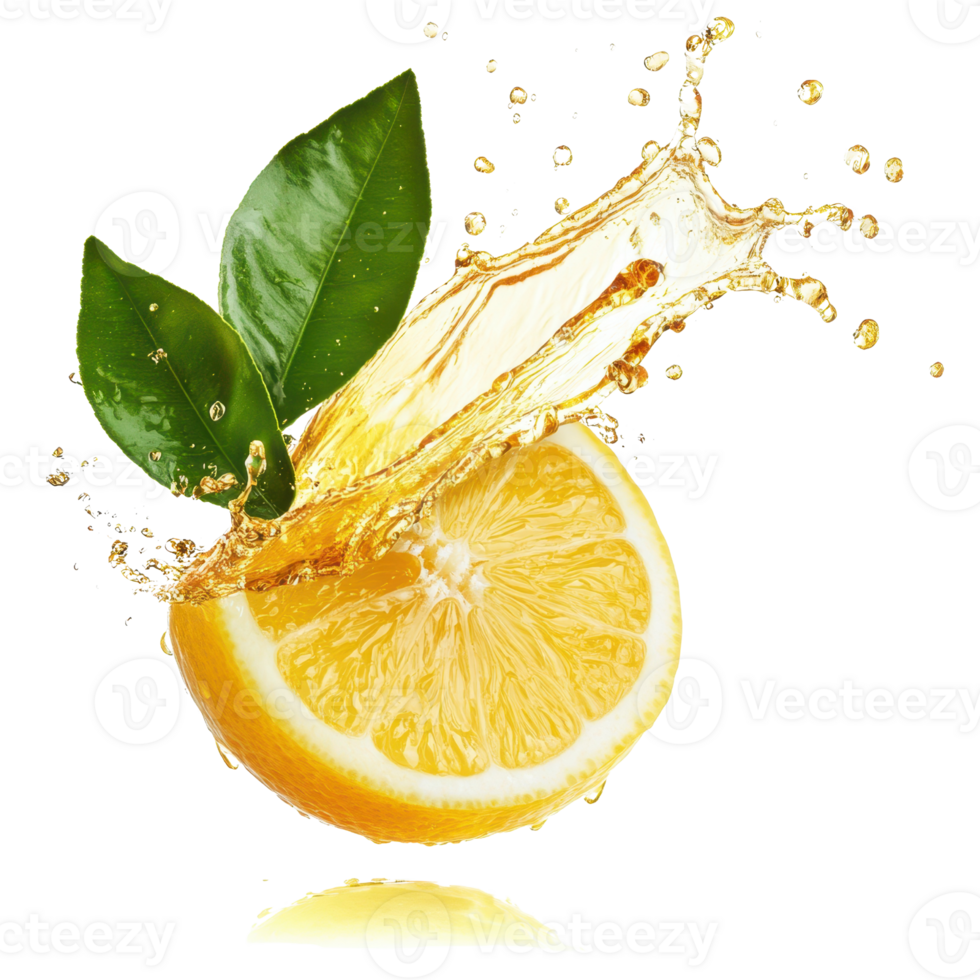 Fresh lemon slice splashing into water, symbolizing refreshment and vitality. png