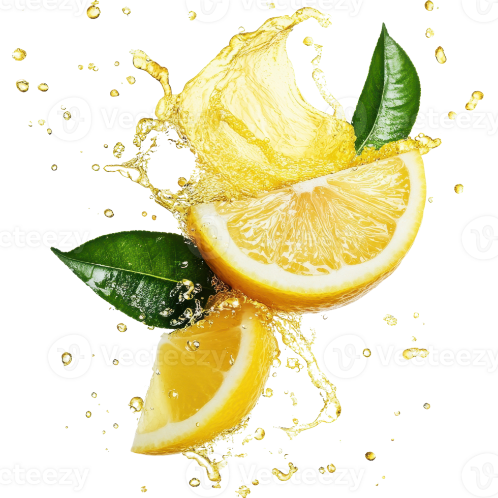 Fresh lemon slices splashing with bubbles in a vibrant background. png