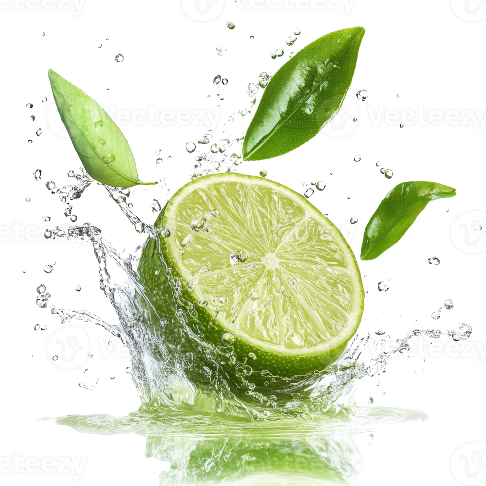 Fresh lime splashes into water with green leaves, capturing vibrant flavors and freshness. png