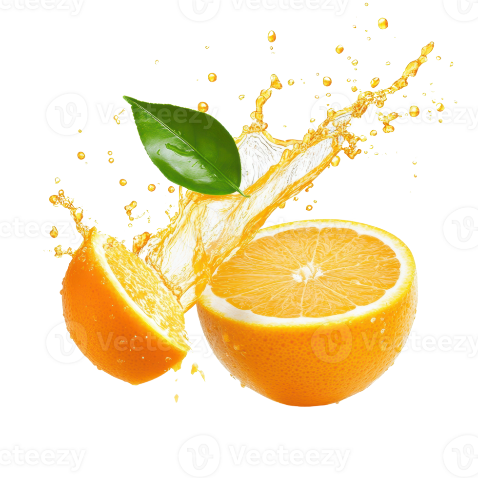 Fresh orange slice with juice splash and leaf, vibrant and refreshing. png
