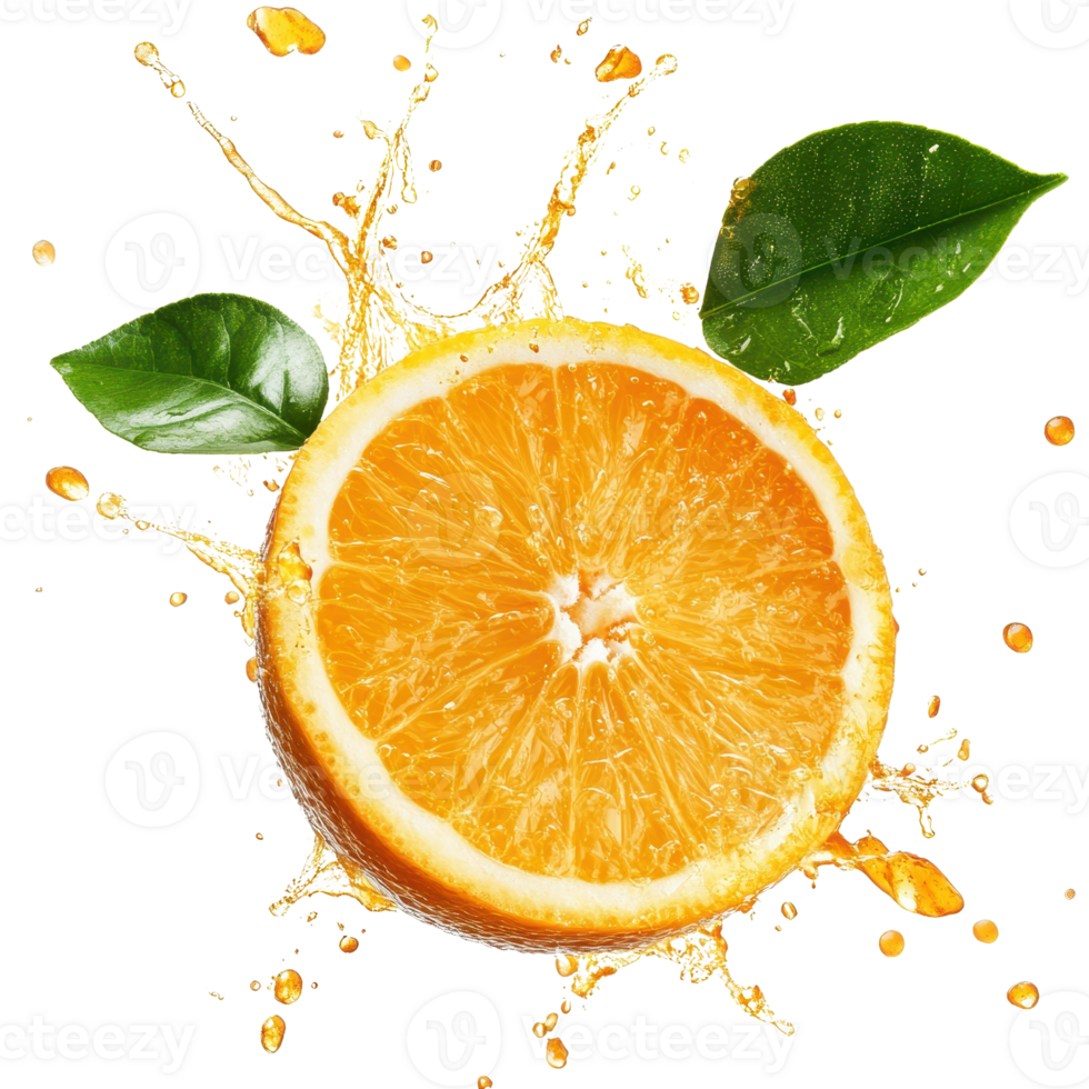 Fresh orange slice with splash of juice and green leaves on a white background. png