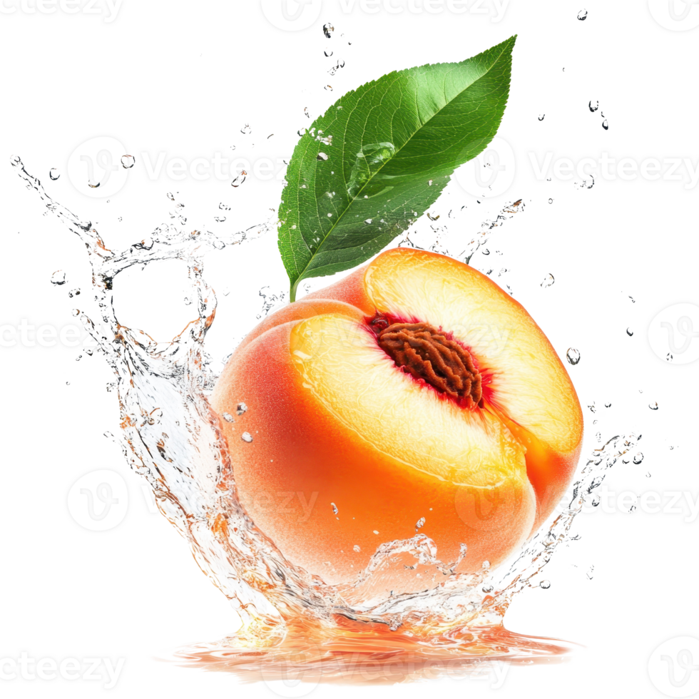 Fresh peach splashing in water, showcasing its juicy and vibrant appeal. png