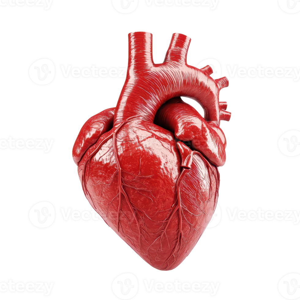 Realistic illustration of a human heart, showcasing anatomical details and structure. png
