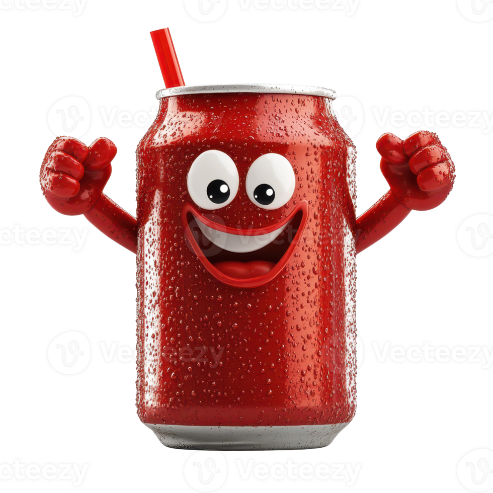Playful animated soda can character with a bright smile and straw. png