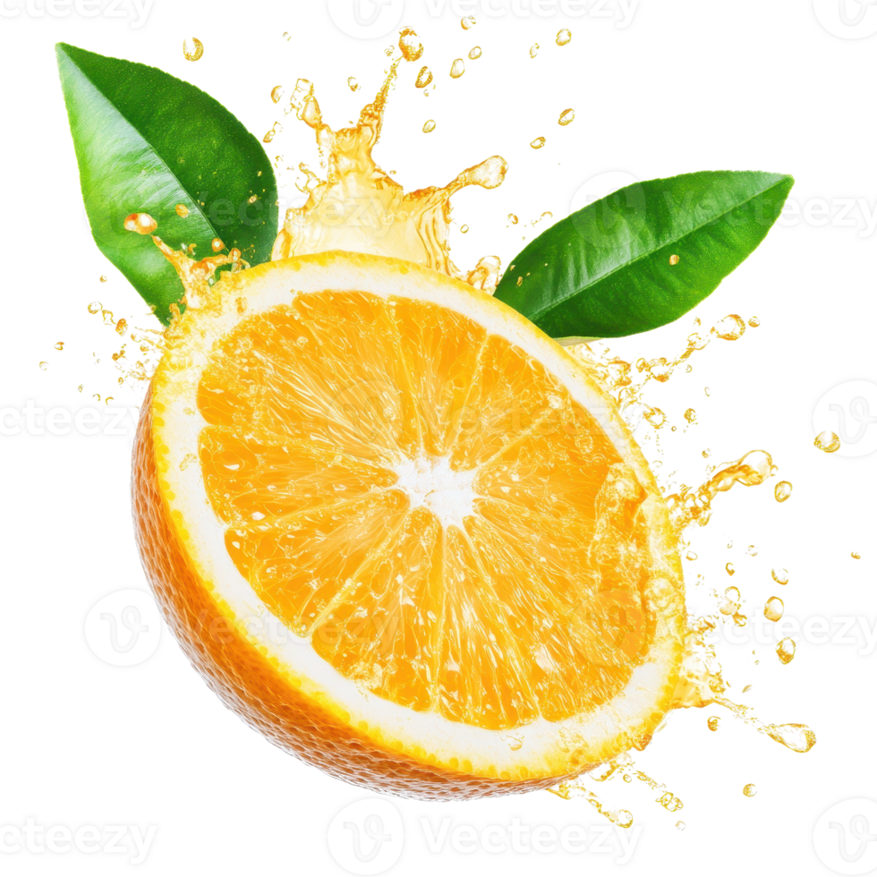 Fresh orange with splashes, showcasing juicy texture and vibrant color against white. png