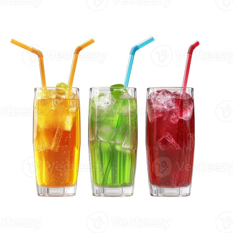 Refreshing colorful drinks served in tall glasses with ice and straws. png