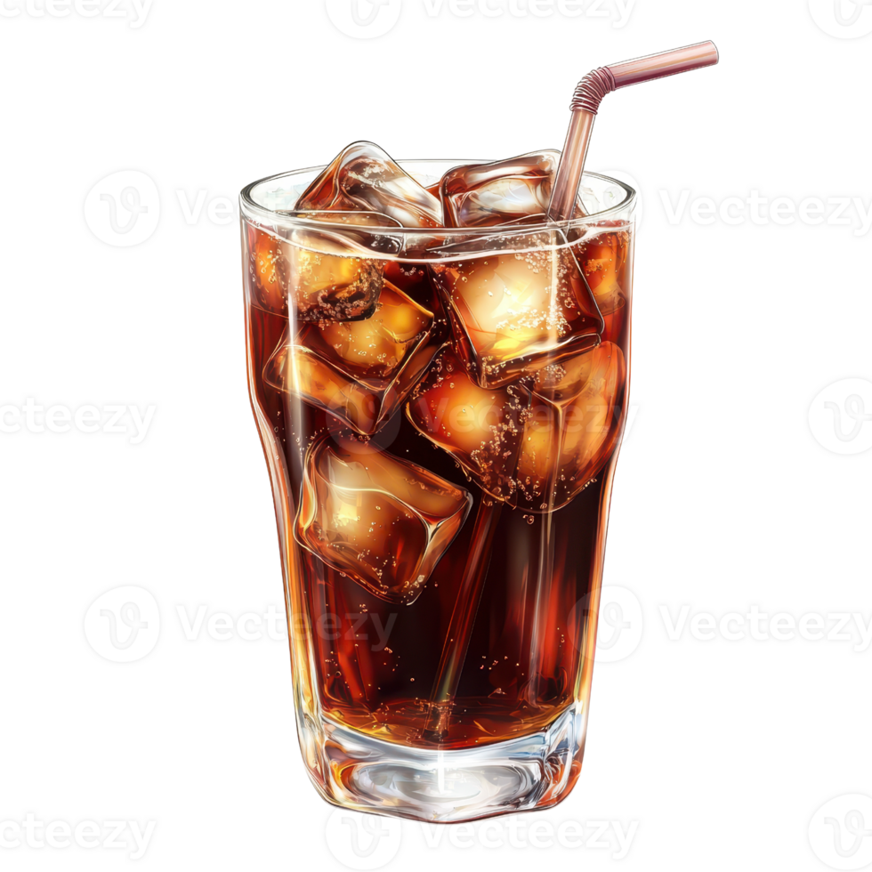 Refreshing cola drink with ice cubes and a straw in a clear glass. png
