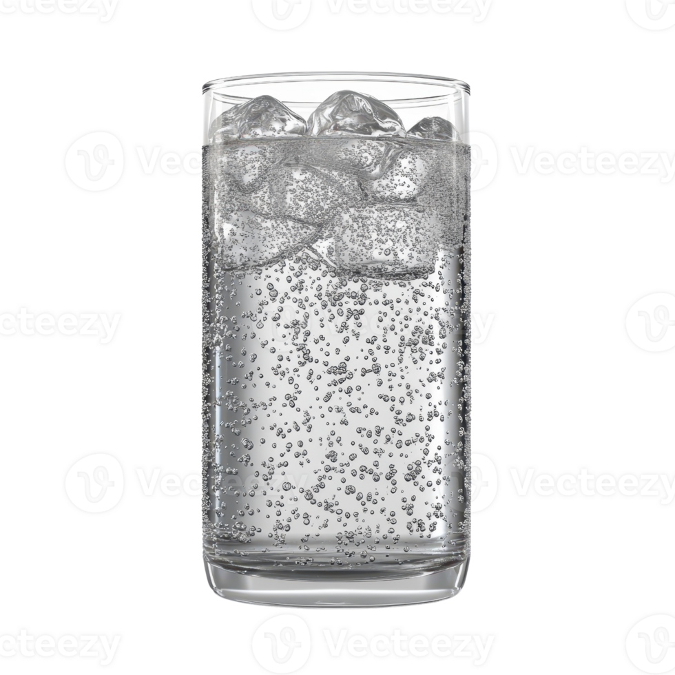 Refreshing sparkling drink with ice in a clear glass, perfect for hot days. png