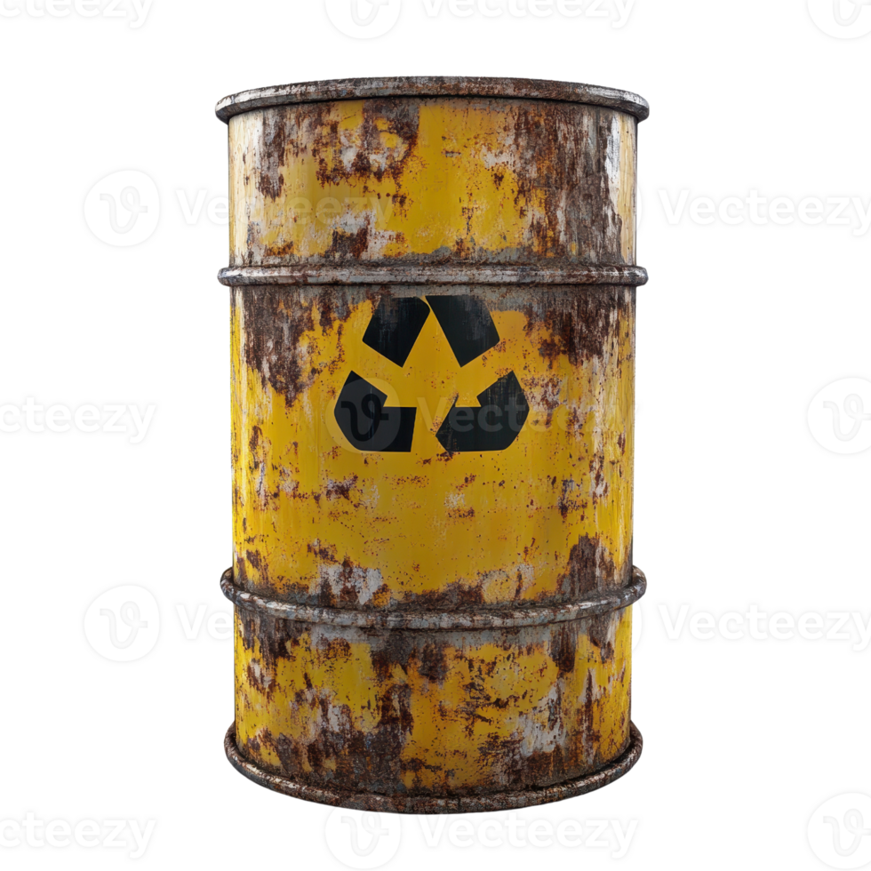 Rusty yellow recycling barrel with hazard symbols on a neutral background. png