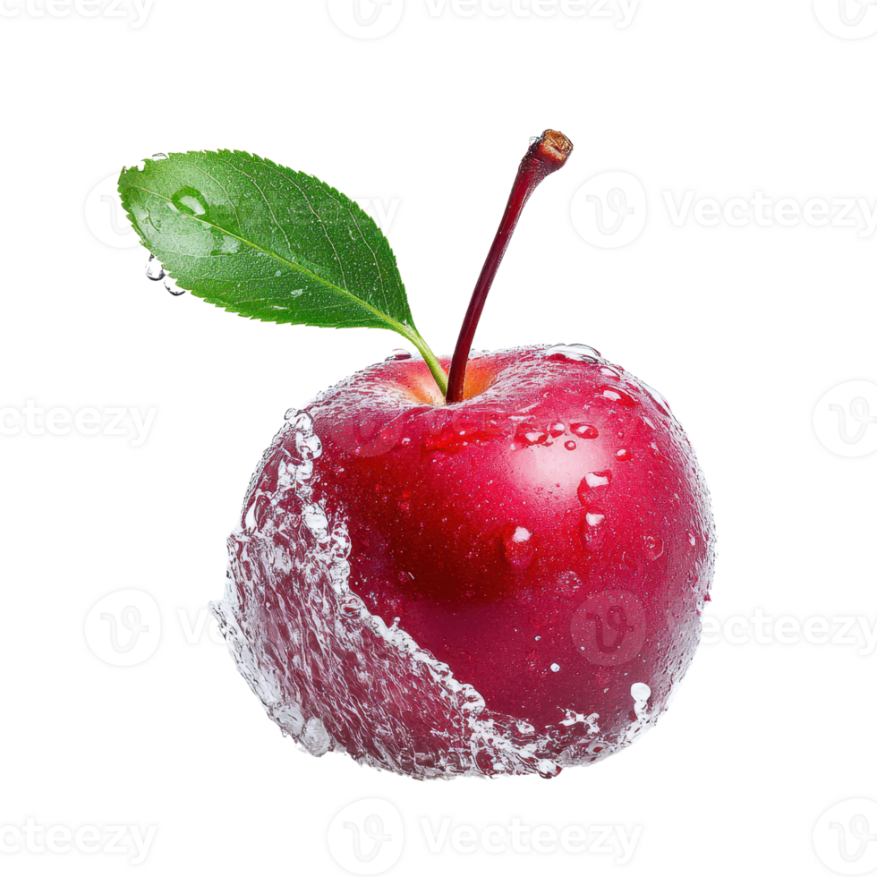 Fresh red apple with water droplets and green leaf on a bright background. png