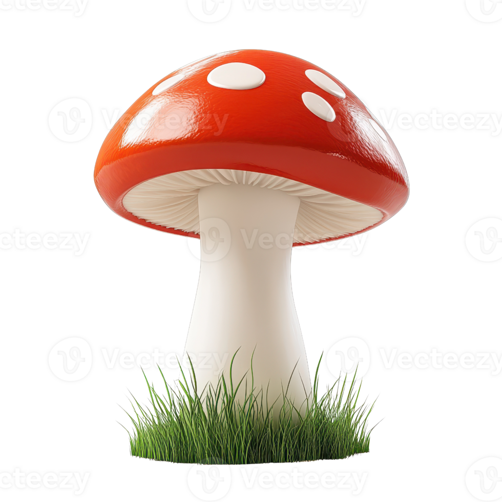 Vibrant red mushroom with white spots, surrounded by lush green grass. png