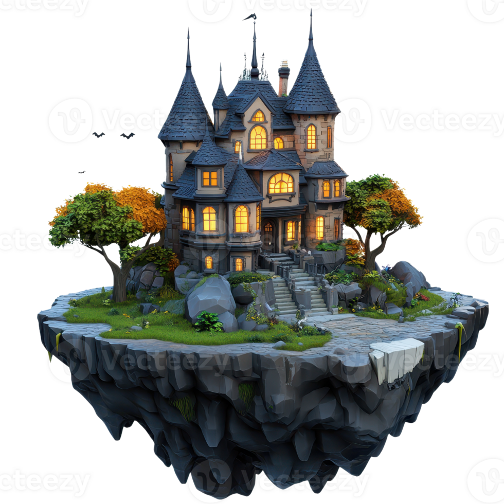 Whimsical floating mansion with enchanting architecture and vibrant trees. png