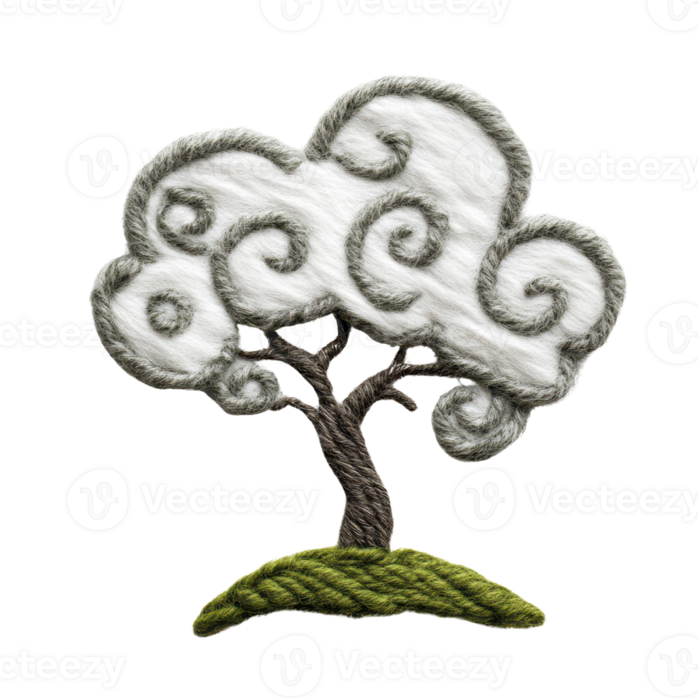 Stylized embroidered tree design featuring swirly clouds and lush greenery. png