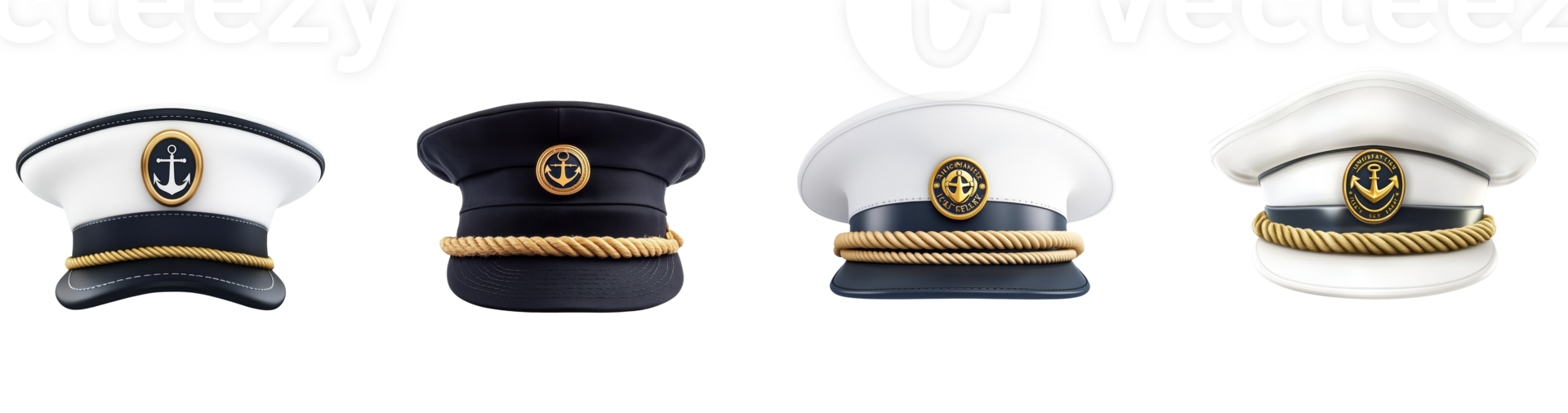 Four Captains Hats Displayed In A Row. isolated transparent background png