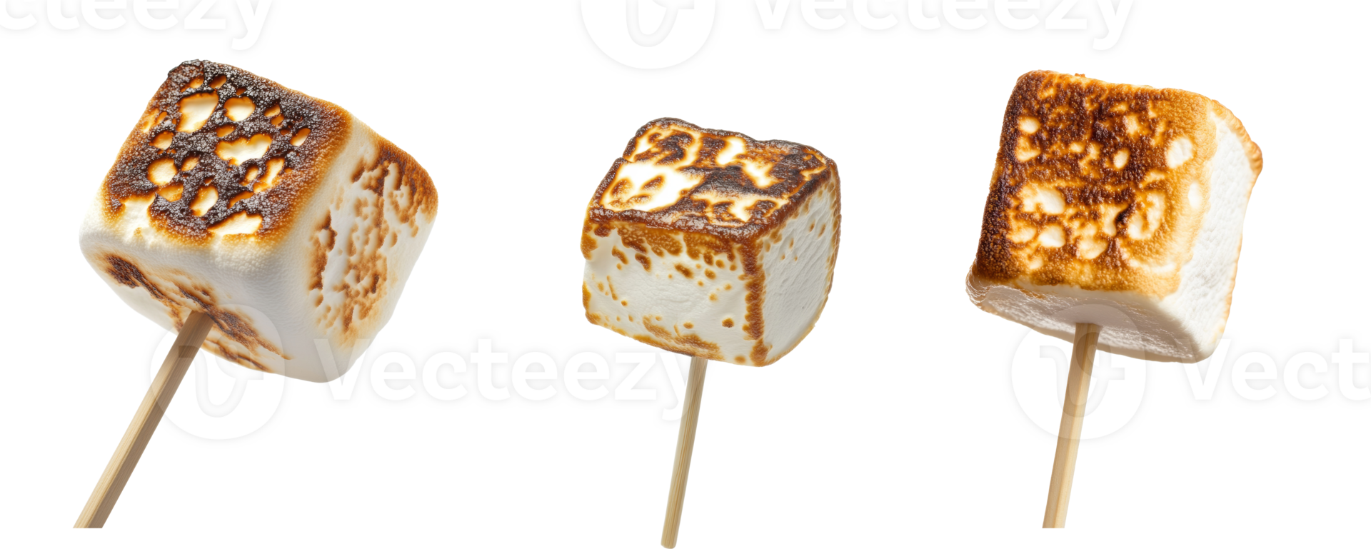 Three Roasted Marshmallows on Wooden Sticks. isolated transparent background png
