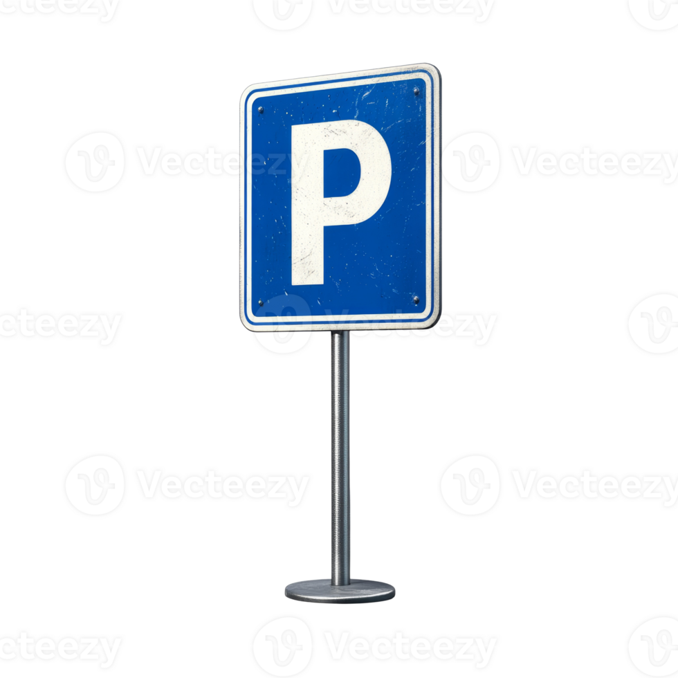 A weathered blue parking sign stands on a metal pole png