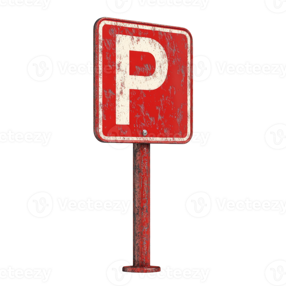 Rusted Red Parking Sign on Metal Post. isolated transparent background png