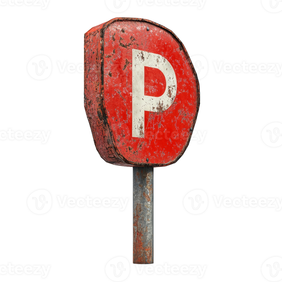 Rusted red parking sign on a metal post png
