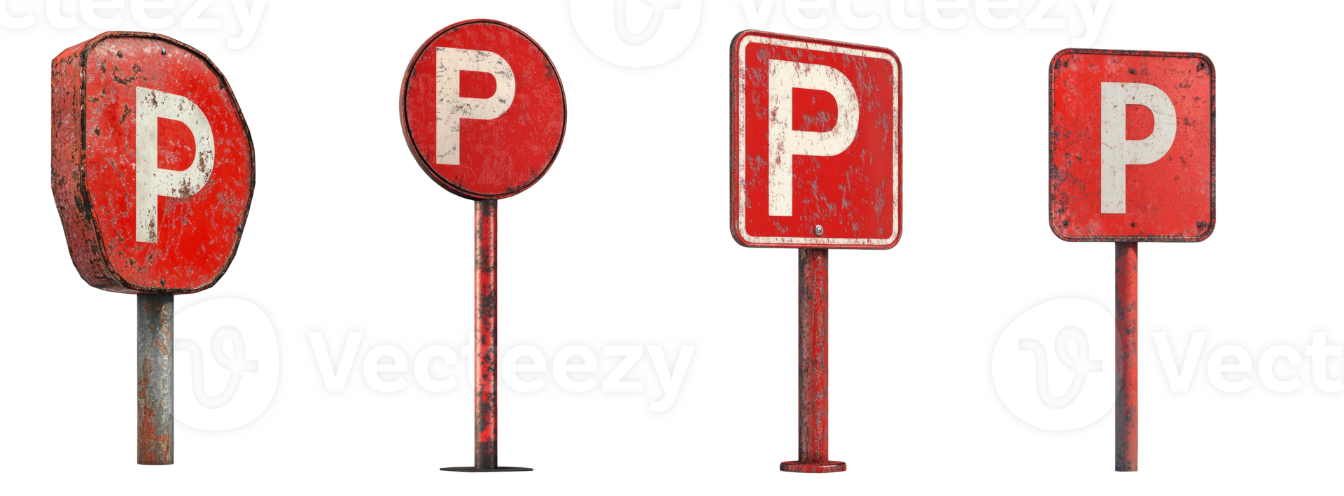 Four Rusted Red Parking Signs on Posts png
