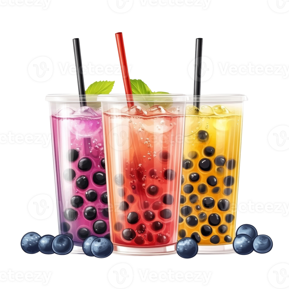 Three Colorful Bubble Tea Drinks with Blueberries png
