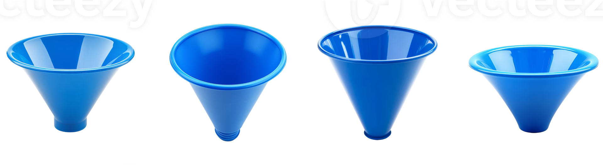 Four Blue Conical Shaped Plastic Funnels Displayed png