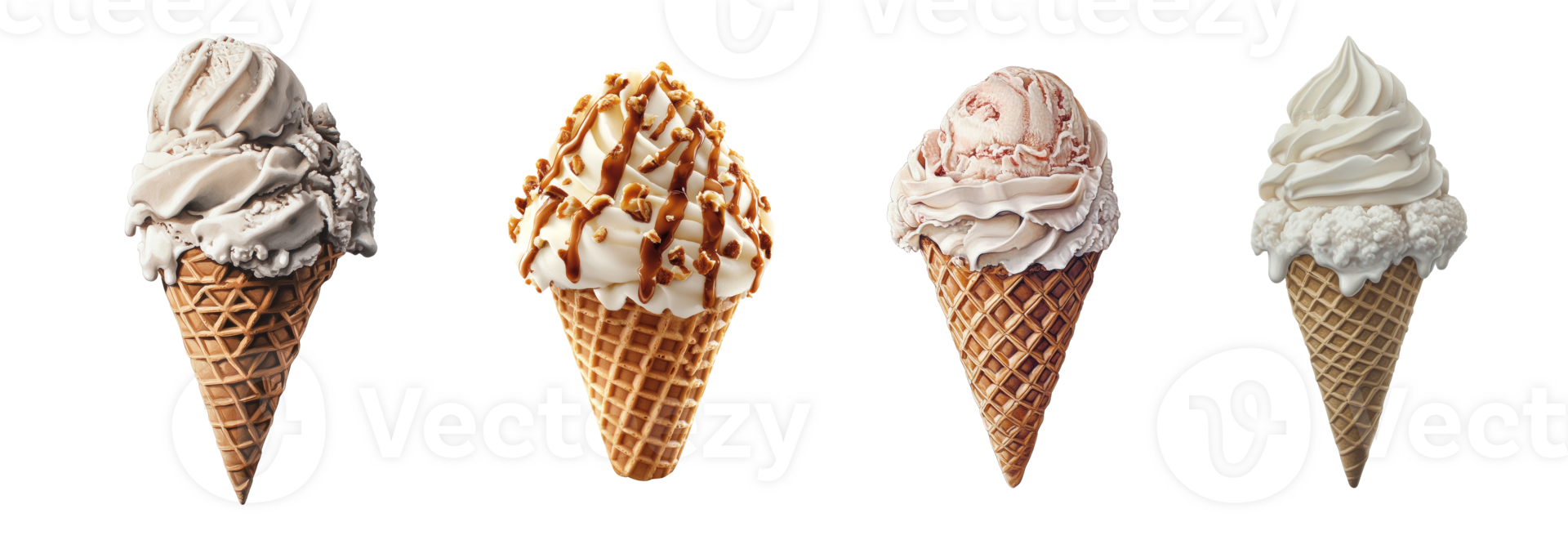 Four Delicious Ice Cream Cones Displayed Against A transparent Background png
