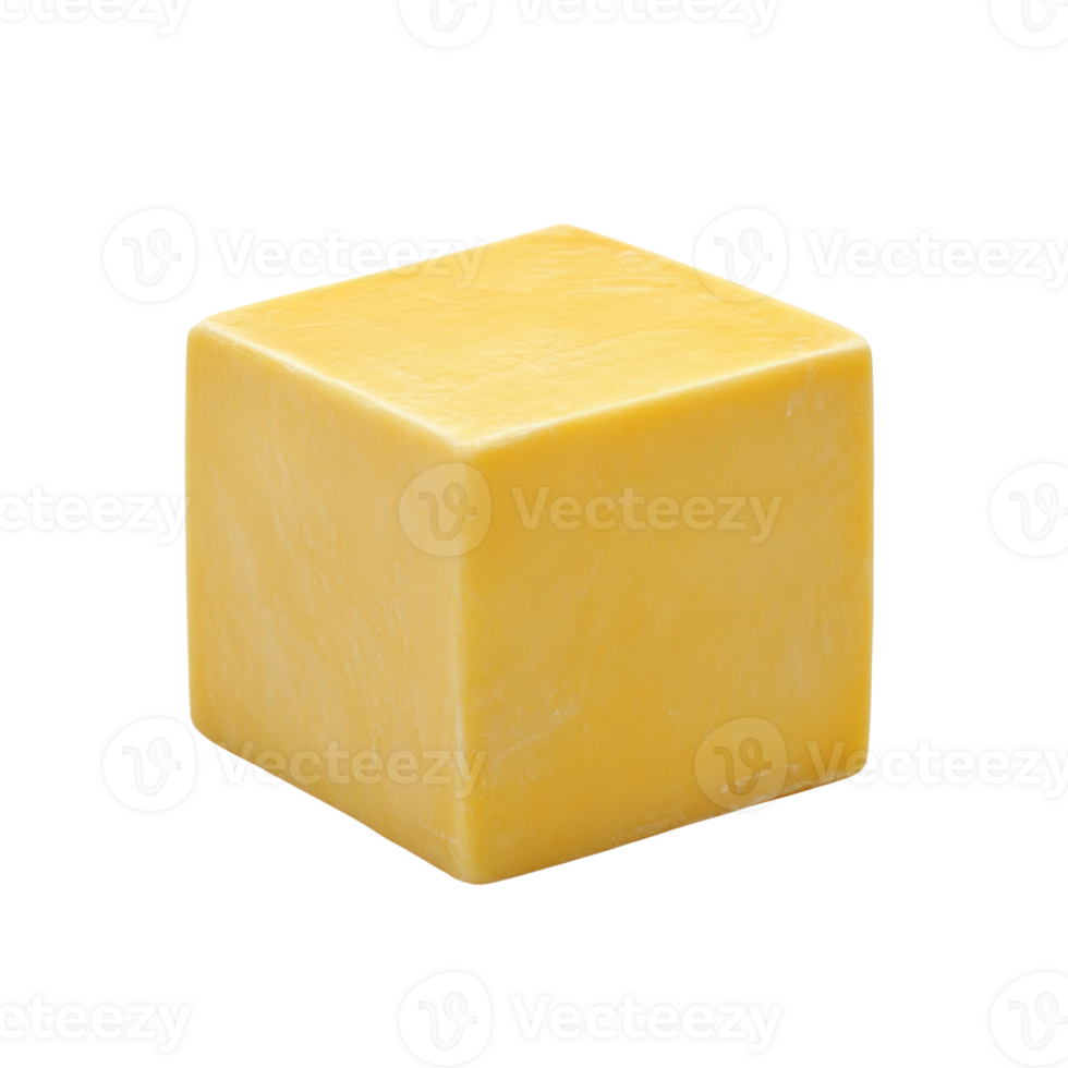 A solid cube of cheddar cheese sits on a black background png