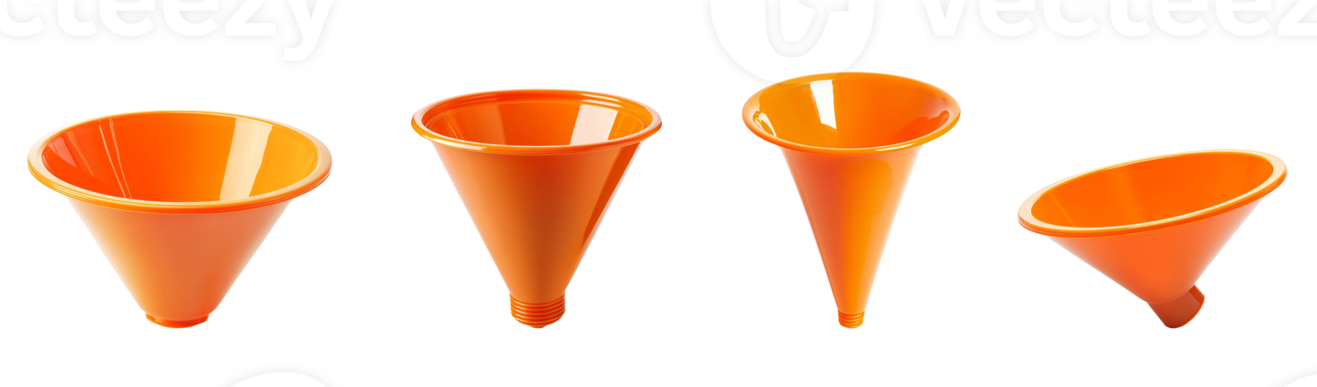 Orange plastic funnels displayed from various angles png