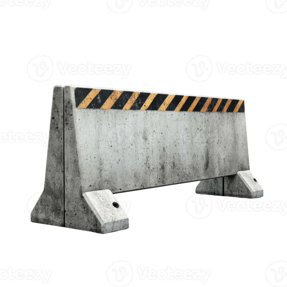 A weathered concrete roadblock with yellow and black stripes png