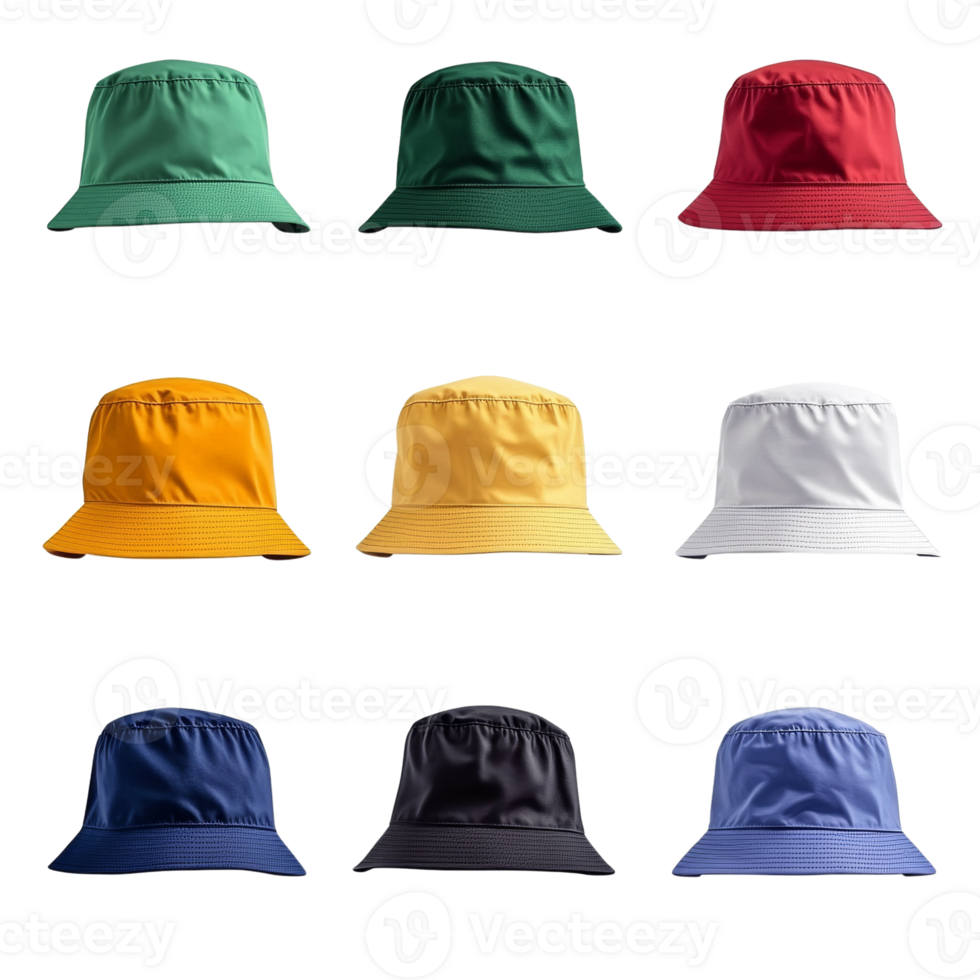 Nine Colorful Bucket Hats Displayed cut out, transparent Background png
