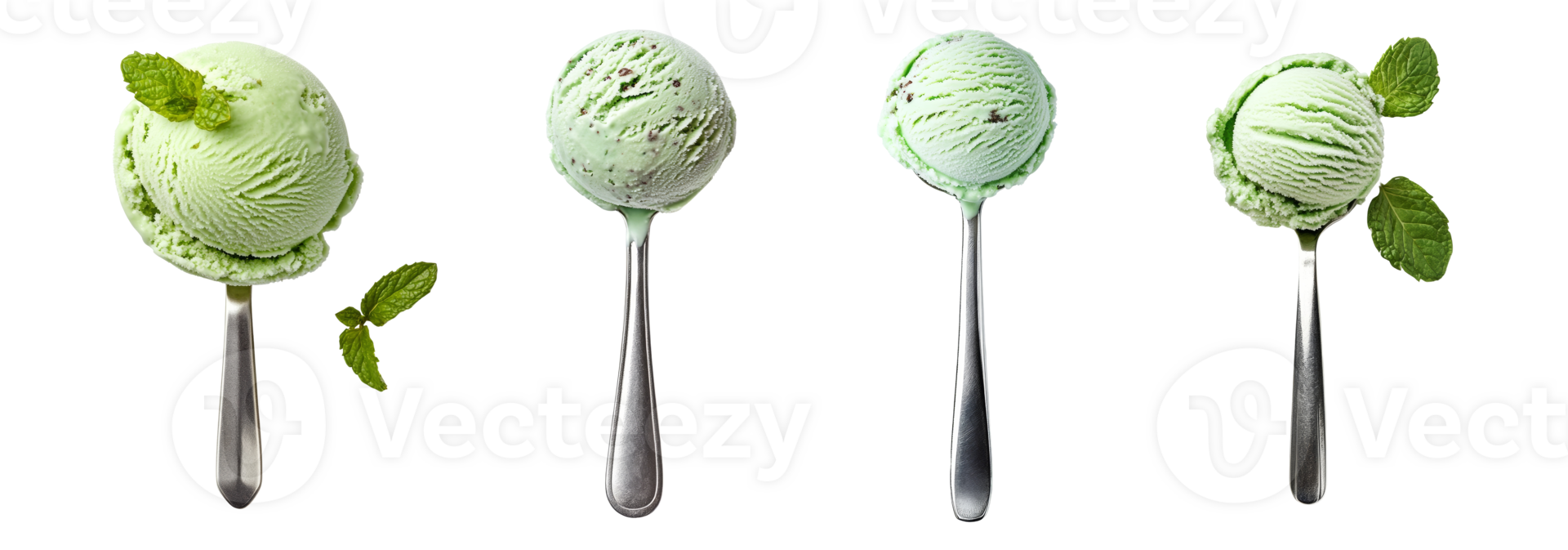 Four scoops of mint chocolate chip ice cream on spoons png