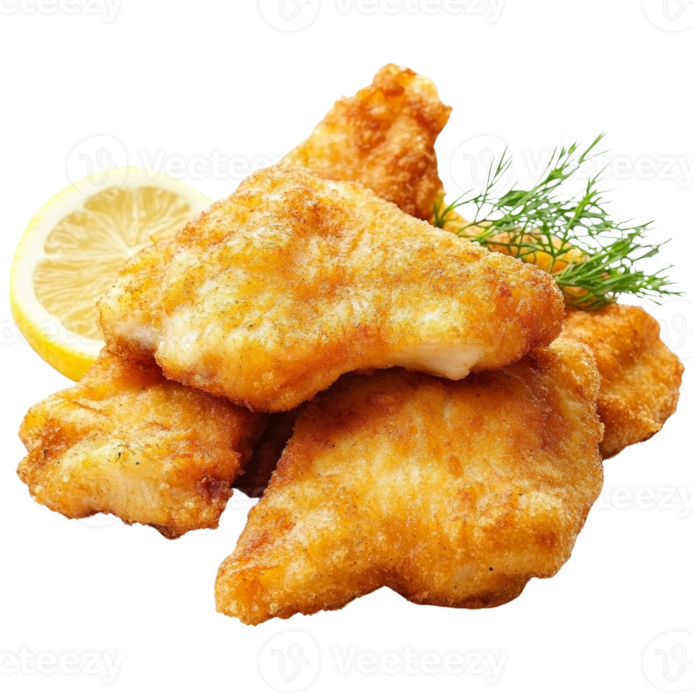 Golden Fried Fish Pieces with Lemon and Dill png