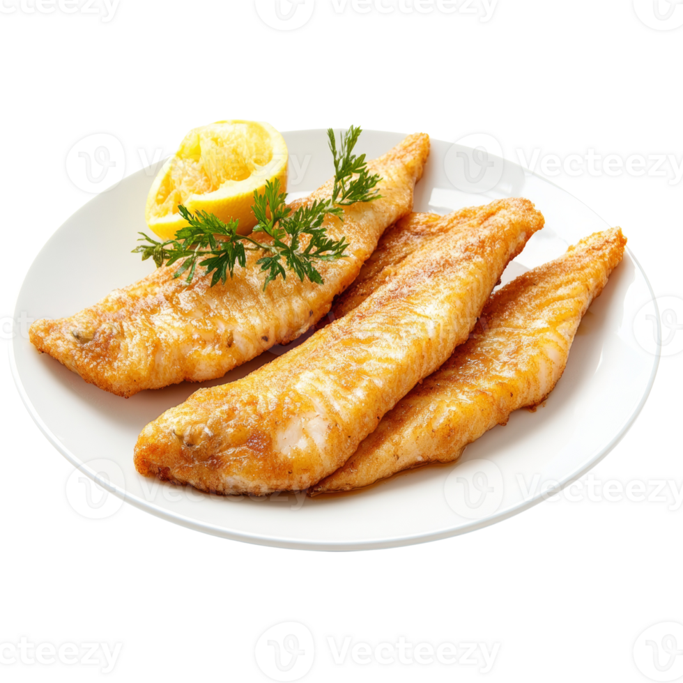 Golden Fried Fish Fillet Platter with Lemon and Parsley png
