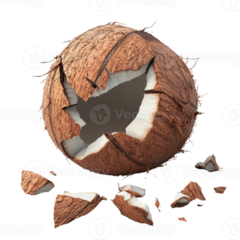 Broken Coconut Shell Showing White Interior Pieces png