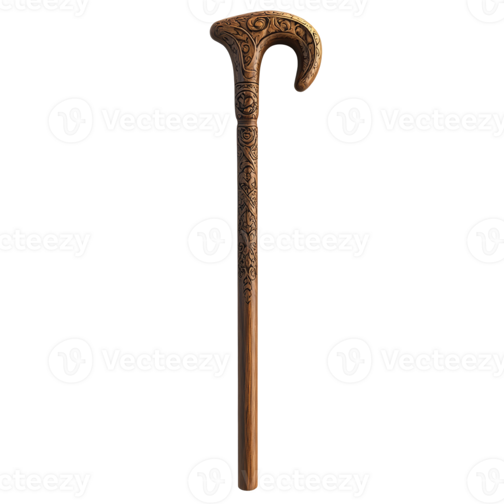 Ornate Wooden Walking Cane With Intricate Carvings png