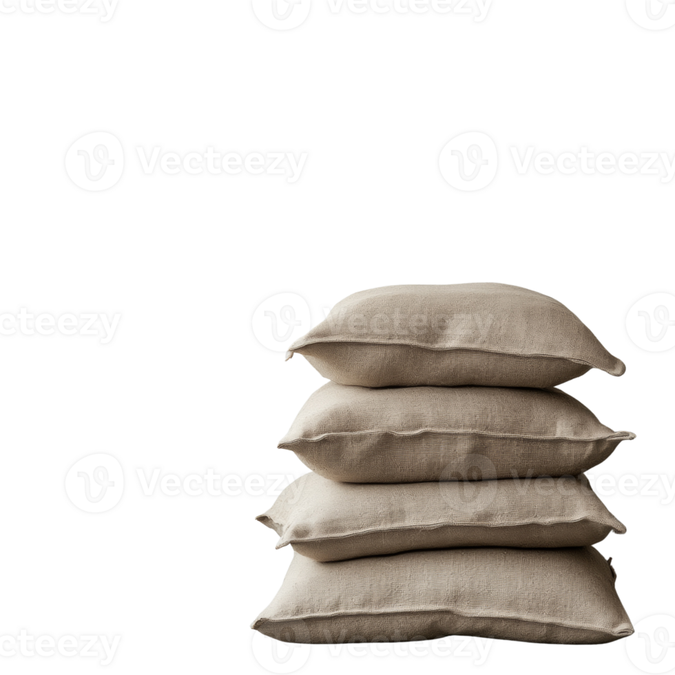 A stack of four beige textured pillows sits on a black background png