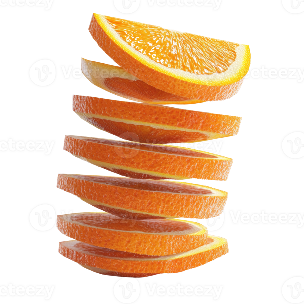 Slices of orange floating in midair a vibrant citrus display png
