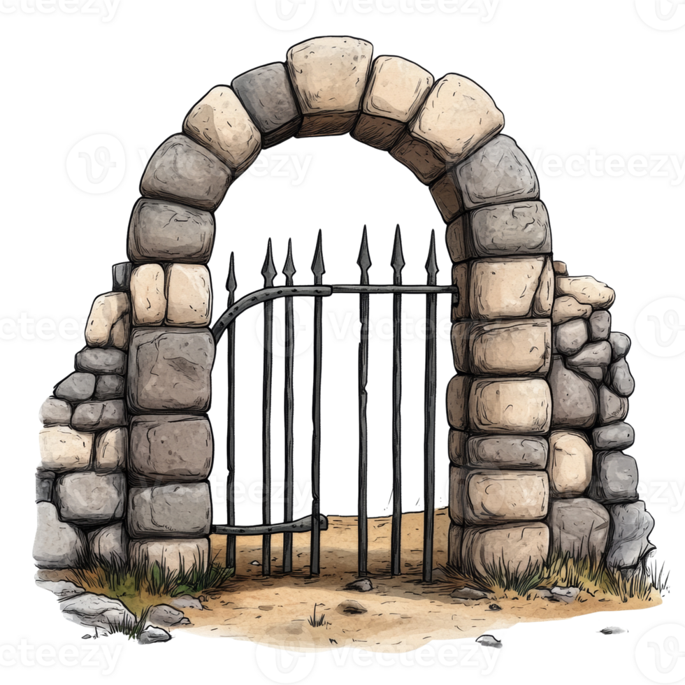 Stone Archway Gate With Iron Spiked Fence png