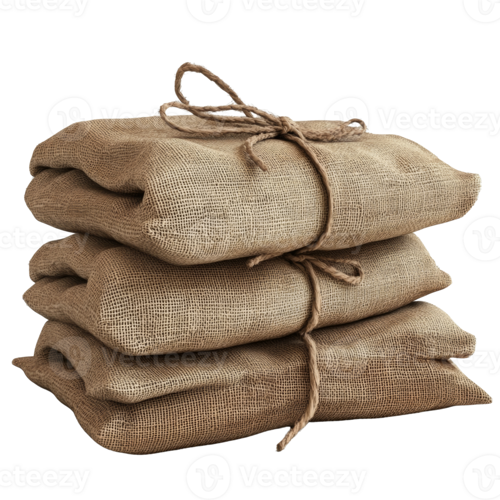 Three burlap sacks tied with twine sit stacked together png